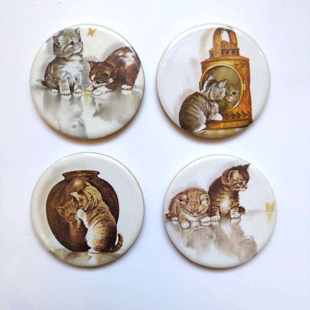 Vintage Kitty Cat Drink Coasters - Set of 4 with Oak Wood Holder - USA Made